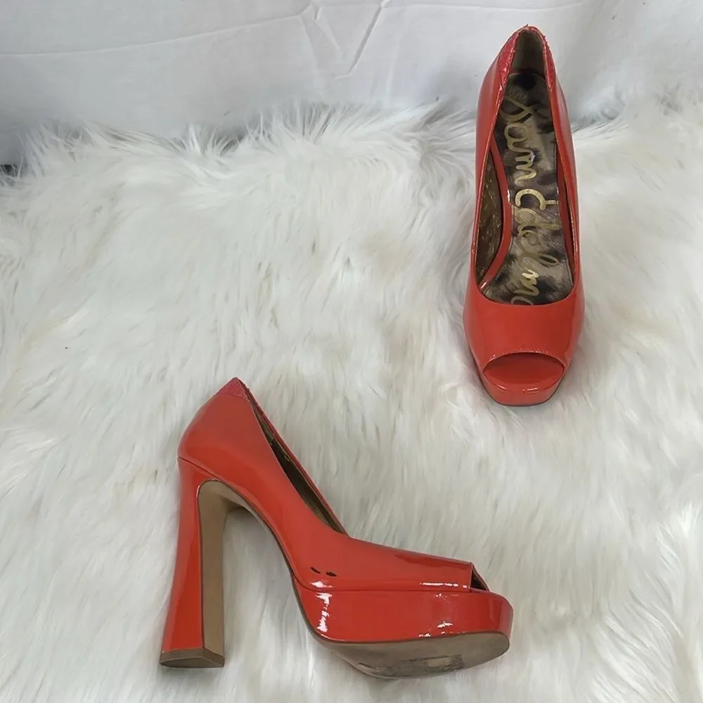 Sam‎ Edelman Tacoma Flamingo Patent Platform Peep Toe Heels Sz 7.5